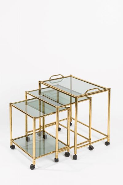 Tre tavolini, ottone e metallo, 1970 ca., h 58 x 58 x 37 cm