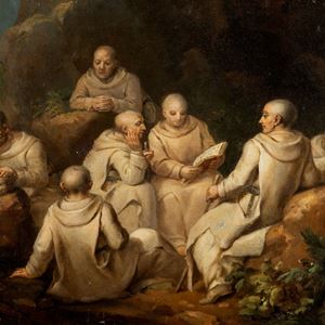 Monaci camaldolesi in preghiera in un paesaggio