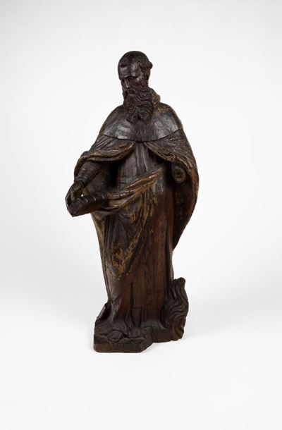 Scultura in Legno Intagliato con Tracce di Laccatura Raffigurante Santo. Secolo XVIII