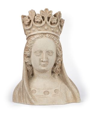 Scultura in pietra arenaria raffigurante busto di Madonna incoronata