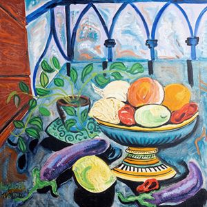 "Still life with eggplants on the window"