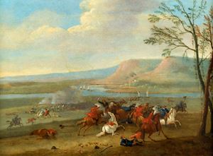 River landscape with battle scene