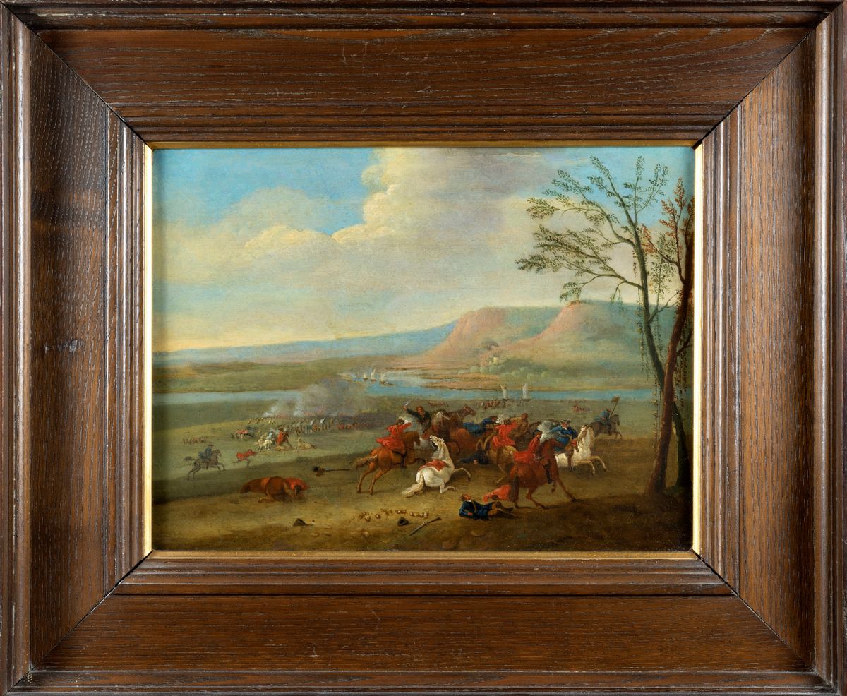 Scuola Fiamminga, Fine Secolo XVII - Inizi Secolo XVIII - Paesaggio Fluviale con Scontro di Caval...