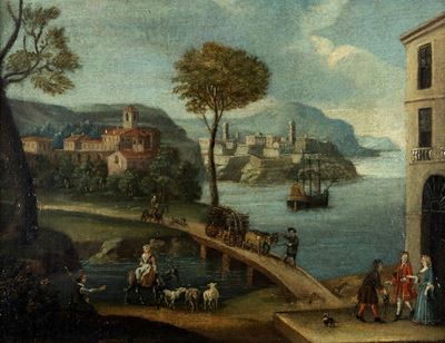 Paesaggio Fluviale con Figure e Ponte di Pietra