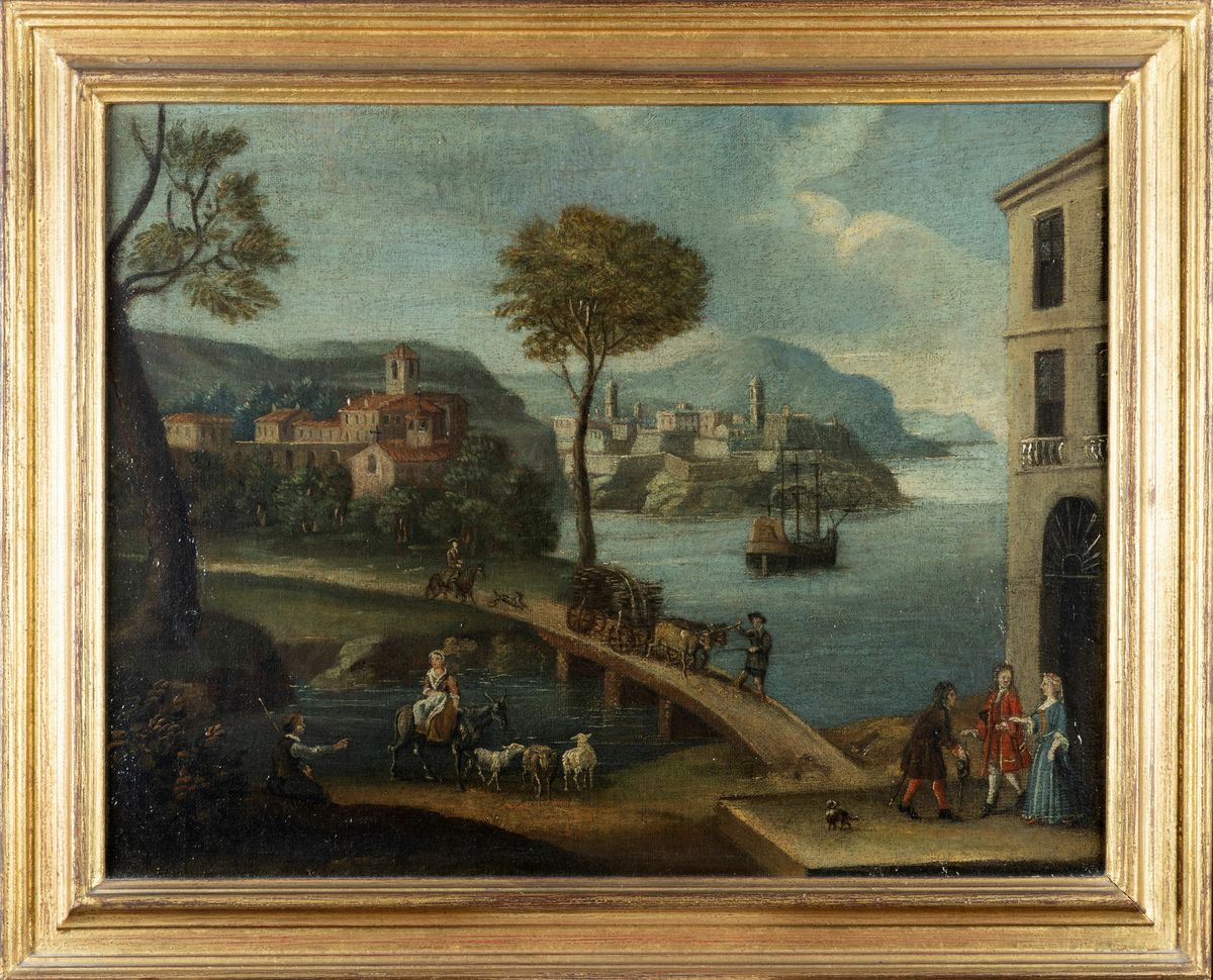 Scuola Piemontese, Secolo XVIII - Paesaggio Fluviale con Figure e Ponte di Pietra