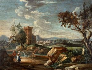Paesaggio fluviale con figure e borgo turrito