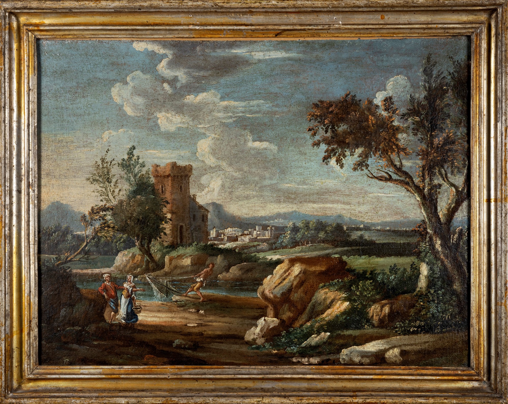Scuola Italiana, Secolo XVIII - Paesaggio Fluviale con Figure e Borgo Turrito