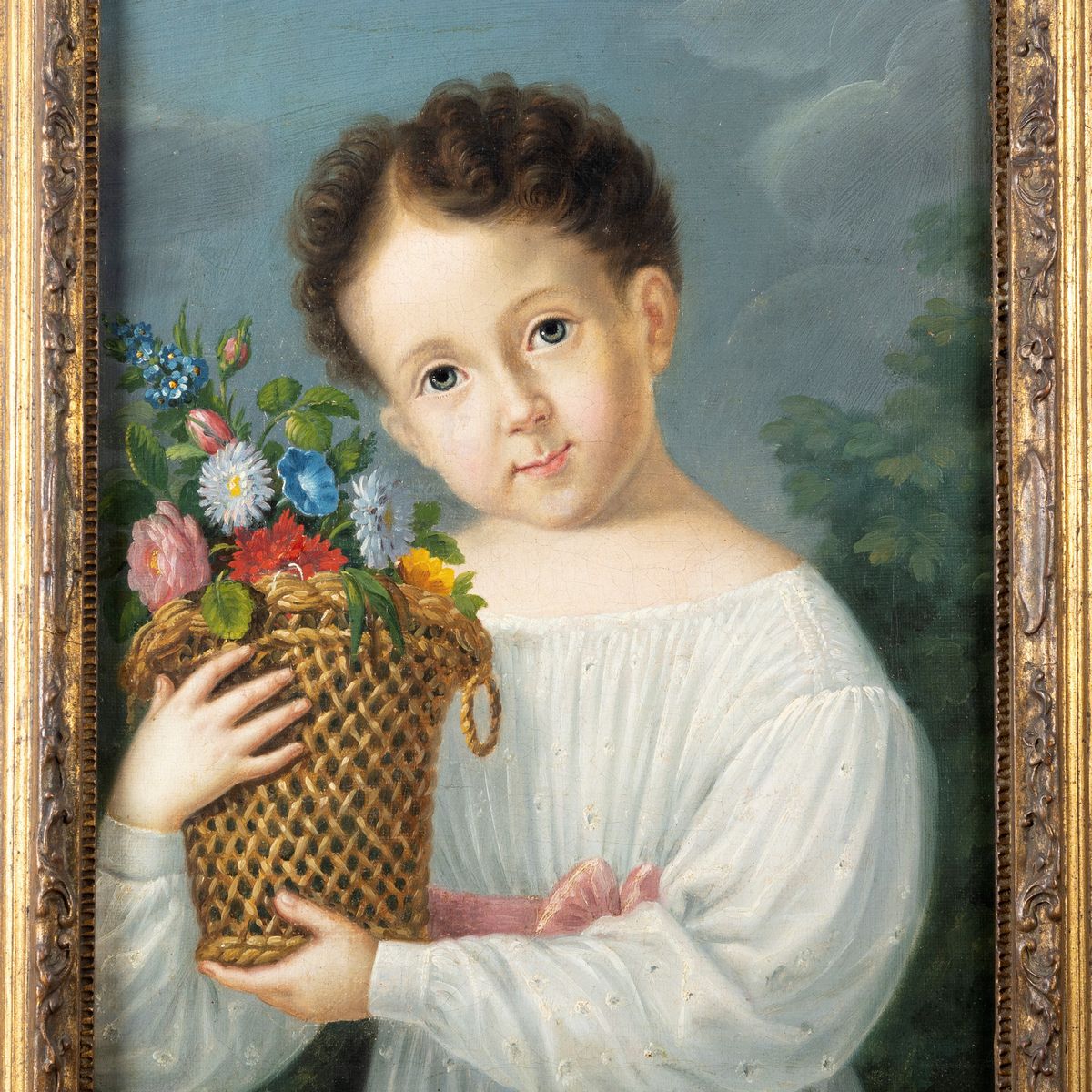 Scuola Italiana, Inizi del Secolo XIX - Ritratto di Bambina con Cestino di Fiori