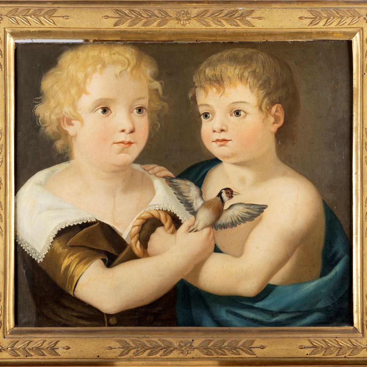 Scuola Italiana, Inizi del Secolo XIX - Ritratto di Due Bambini con Cardellino e Ciambella