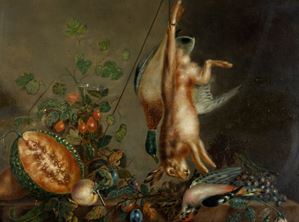 Still life with game and fruit on a table