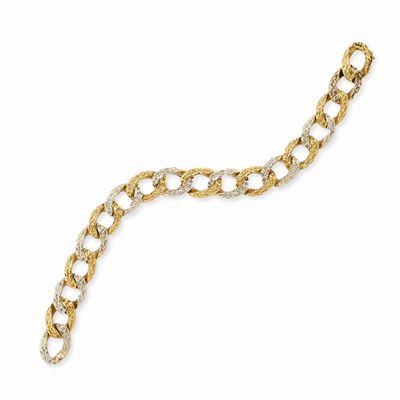 Bracciale in oro bicolore 18k a maglie ovali con decoro martellato