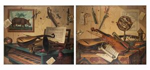 Trompe-l'oeil with musical instruments, score for harpsichord, painting with rhinoceros and lottery receipt; and Trompe-l'oeil with musical instruments, armillary sphere, monthly calendar and carpet, en pendant