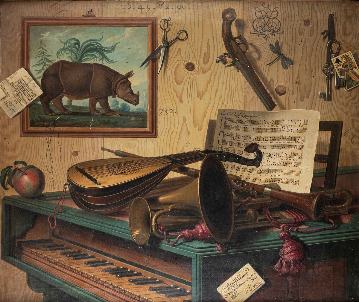 Sebastiano Lazzari - trompe-L'oeil con Strumenti Musicali, Spartito per Clavicembalo, Dipinto con...