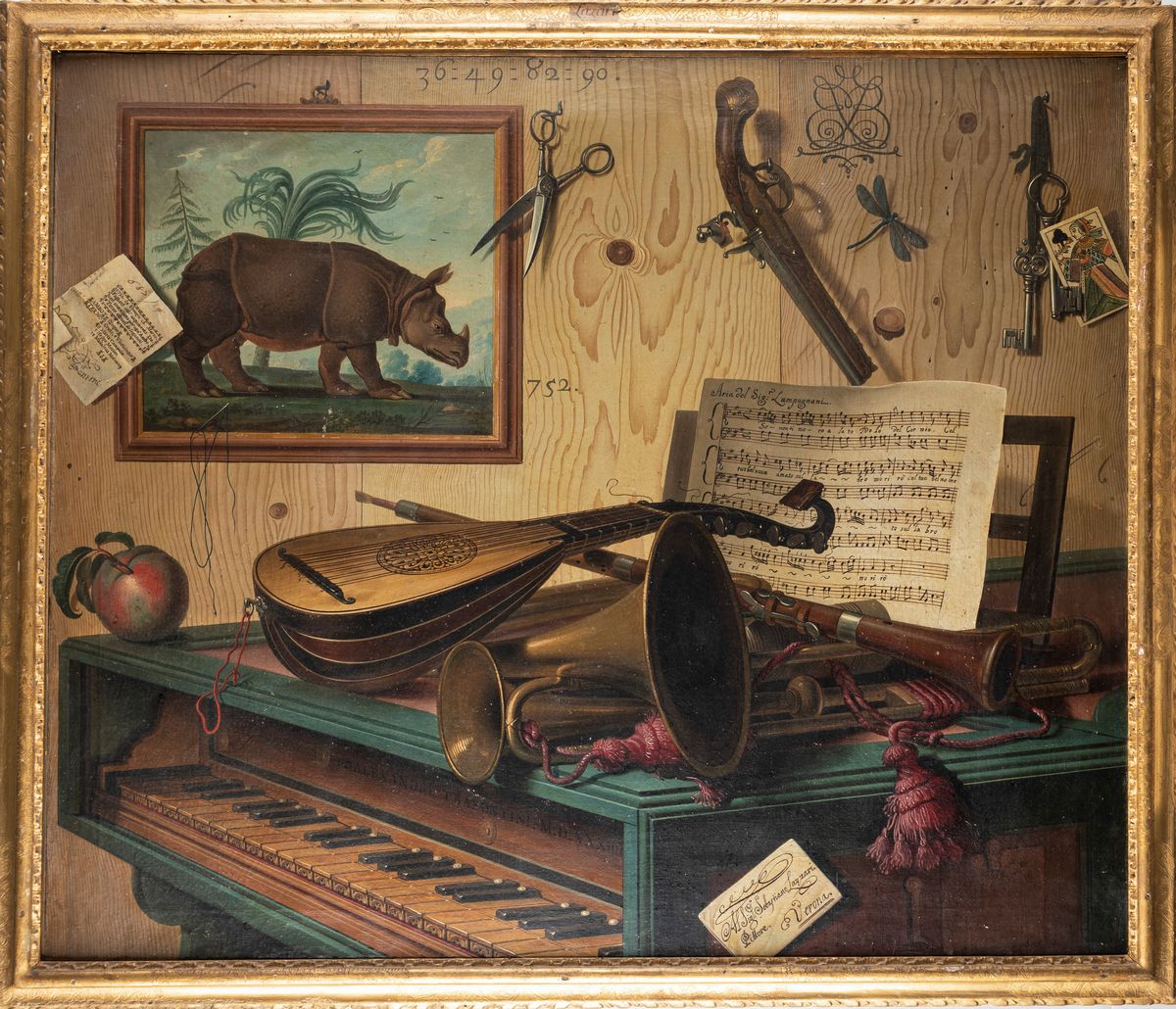 Sebastiano Lazzari - trompe-L'oeil con Strumenti Musicali, Spartito per Clavicembalo, Dipinto con...