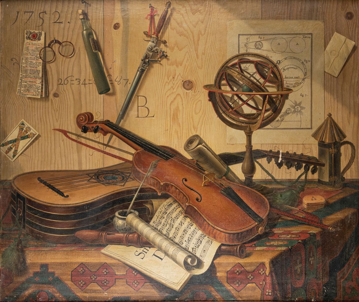Sebastiano Lazzari - trompe-L'oeil con Strumenti Musicali, Spartito per Clavicembalo, Dipinto con...