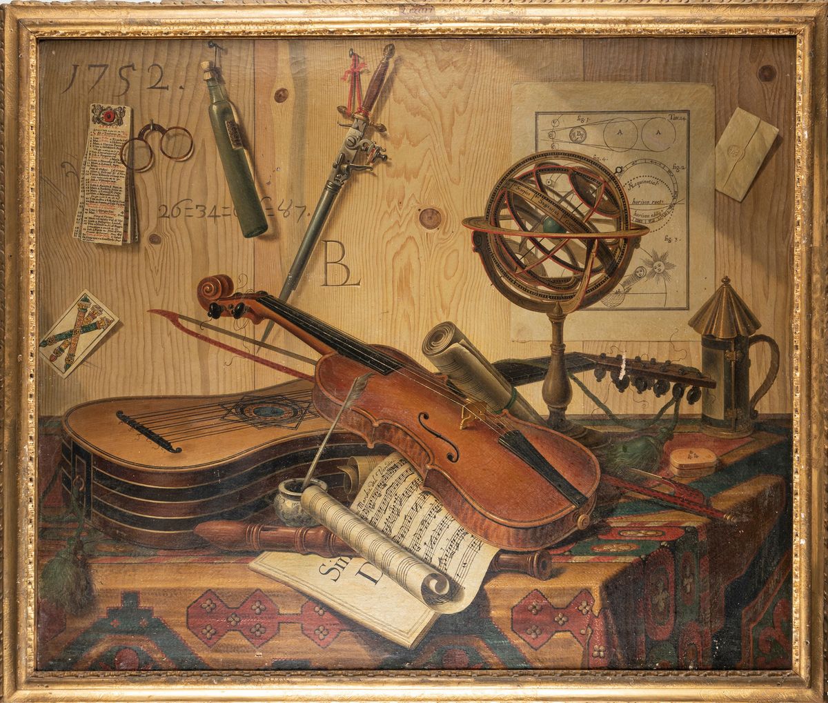Sebastiano Lazzari - trompe-L'oeil con Strumenti Musicali, Spartito per Clavicembalo, Dipinto con...