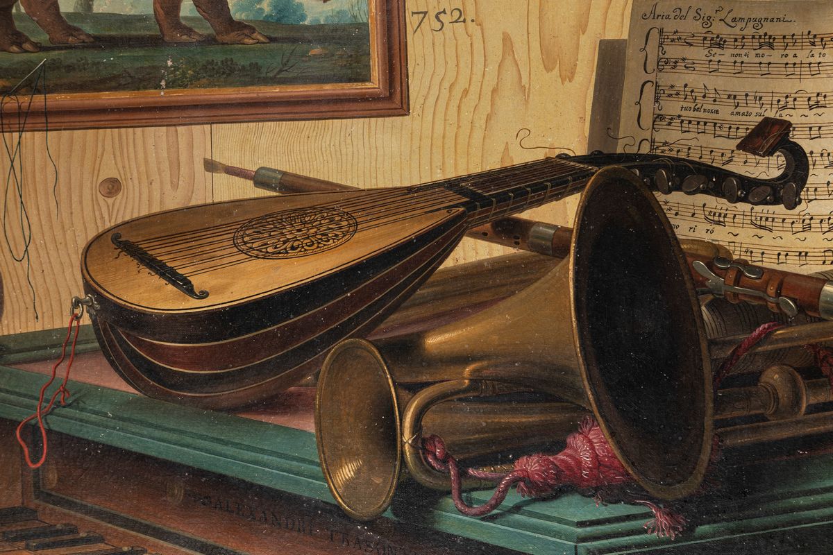 Sebastiano Lazzari - trompe-L'oeil con Strumenti Musicali, Spartito per Clavicembalo, Dipinto con...