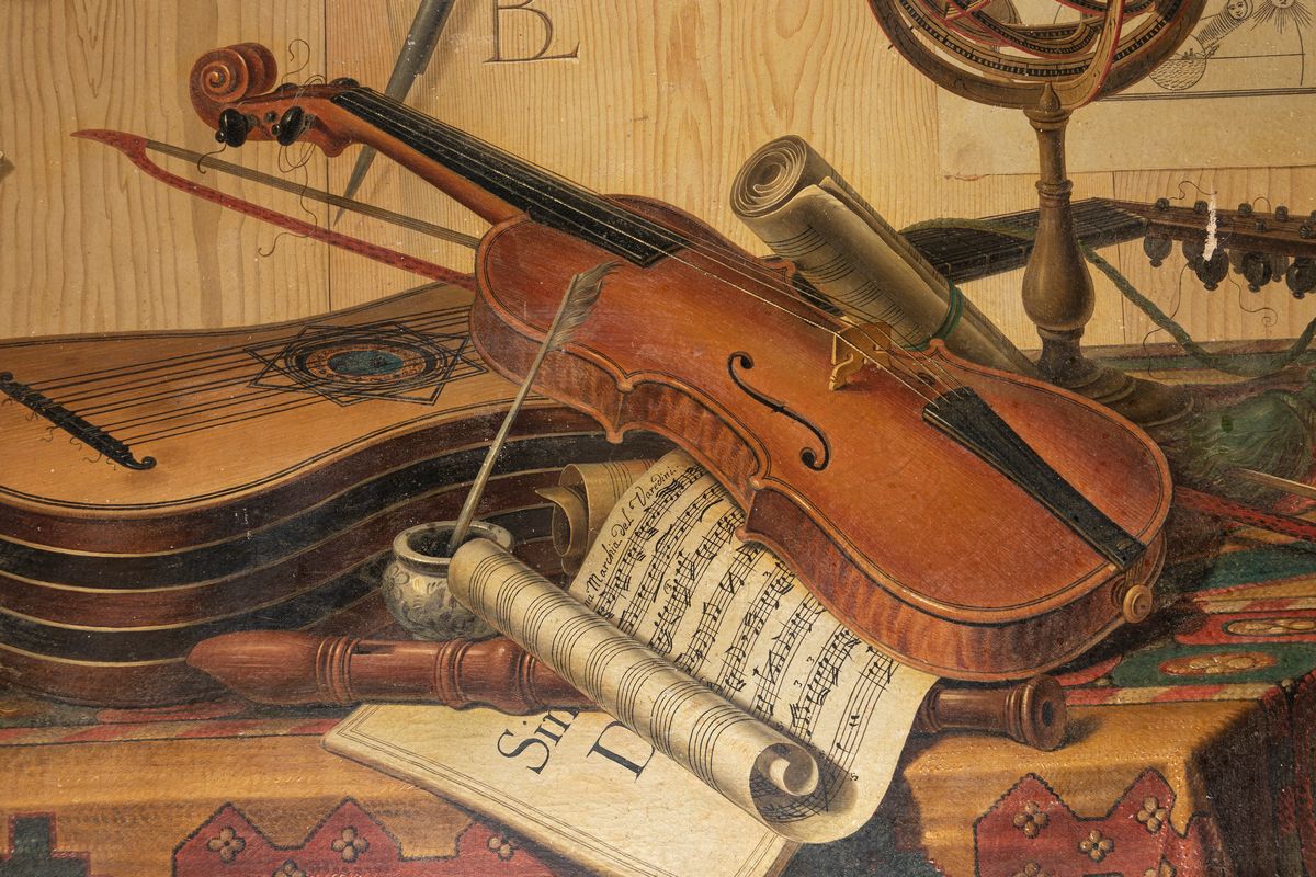 Sebastiano Lazzari - trompe-L'oeil con Strumenti Musicali, Spartito per Clavicembalo, Dipinto con...