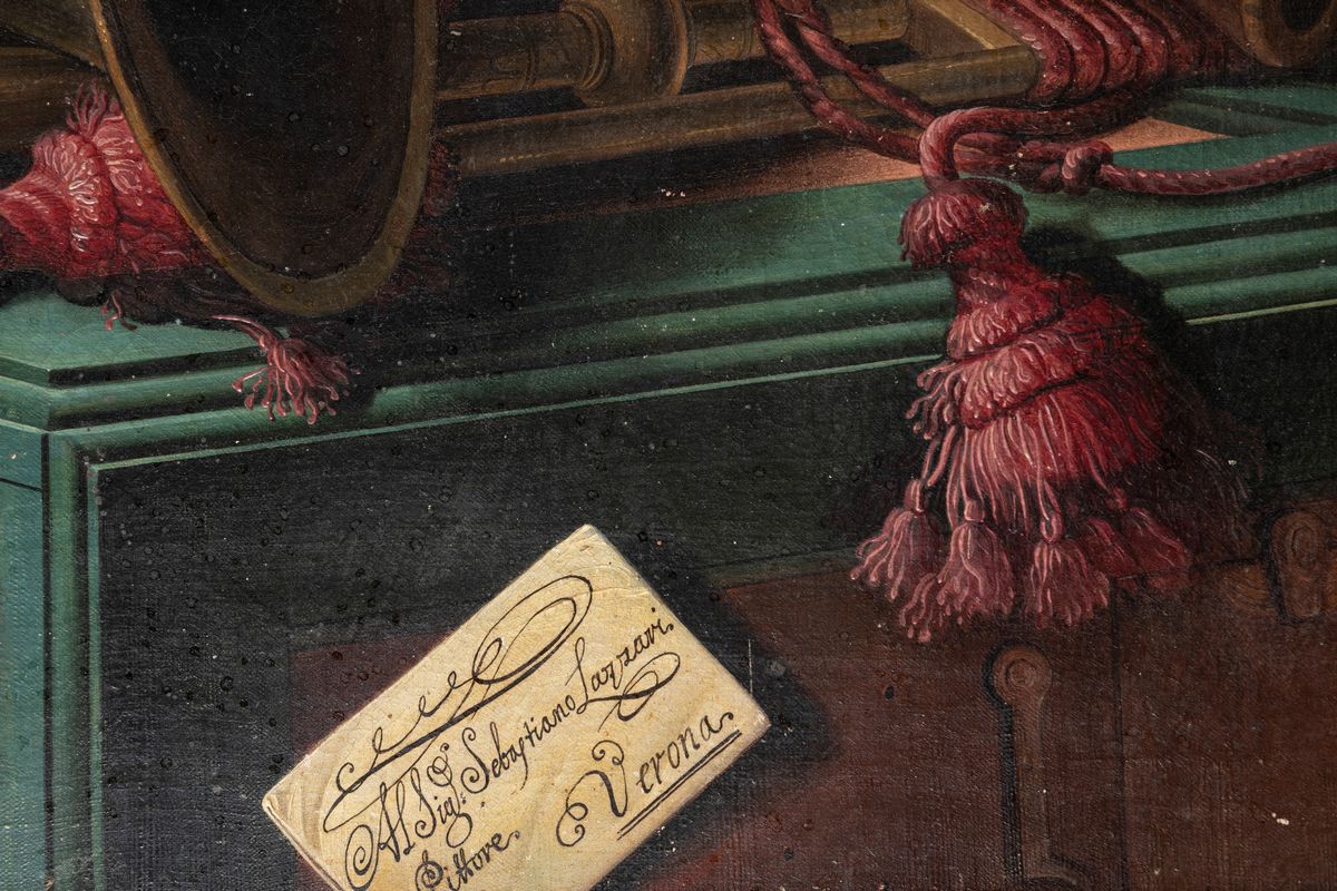 Sebastiano Lazzari - trompe-L'oeil con Strumenti Musicali, Spartito per Clavicembalo, Dipinto con...