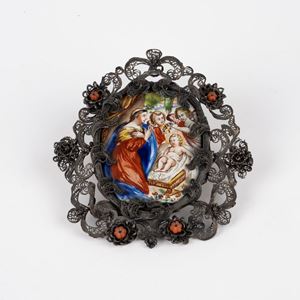 ☼Miniatura a smalto raffigurante "Madonna con bambino e angeli"