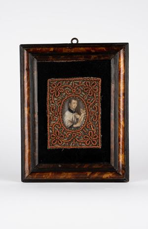 ☼Cornice in tartaruga contenente miniatura su pergamena. Secolo XVIII