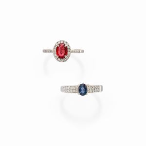 A 18k and 9k two rings, with ruby, sapphire diamond and zircon