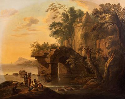 Paesaggio Costiero con Capriccio Architettonico e Pescatori