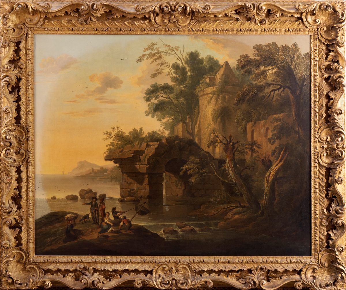 Scuola Francese, Secolo XVIII - Paesaggio Costiero con Capriccio Architettonico e Pescatori