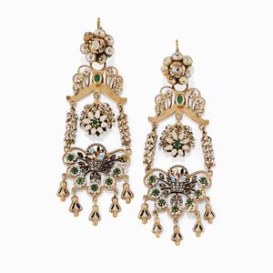 A 9K rose gold, pearl, color stones and enamel earring