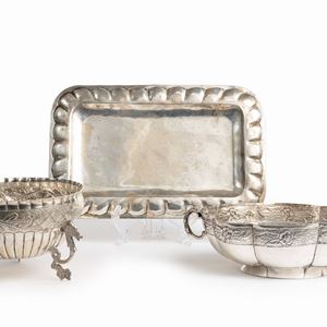 A 900 and 925 silver tray and two centrepiece, France 19th Century and Mexico, defects