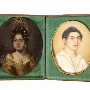 Two miniatures representing a portrait of a lady and a portrait of a gentleman, in a case, 18th-19th century