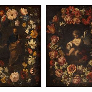 San Pietro and San Giovannino within garlands of flowers, en pendant