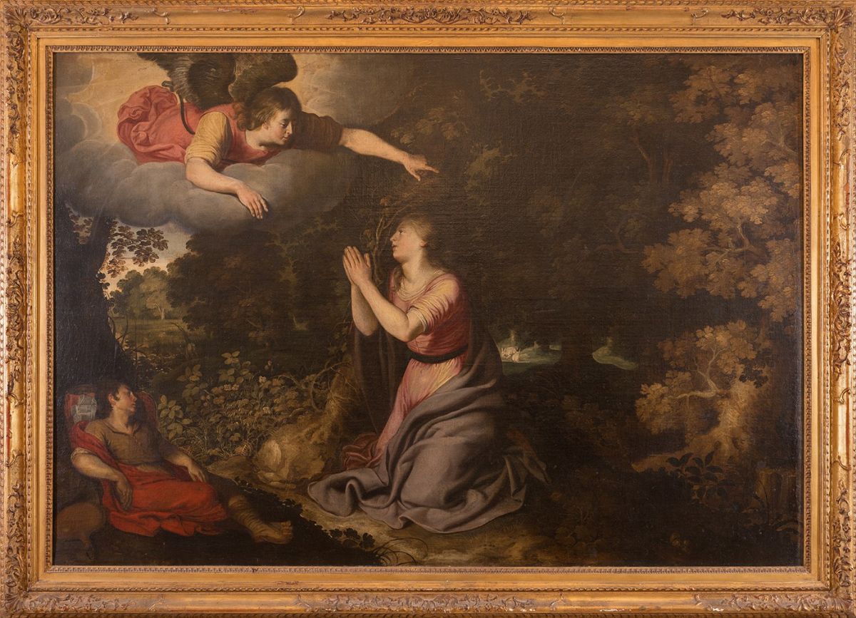 Scuola di Adam Elsheimer (francoforte sul Meno 1578 - Roma 1610) - Agar e L'angelo