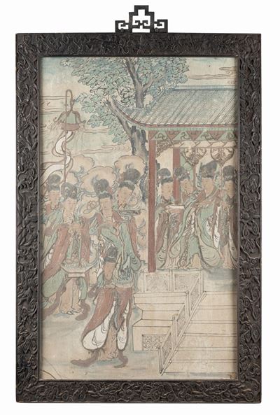 Opera attribuita alla Cina, 'I doni all'Imperatrice Wu Zeitan', dipinto su preparato composito co...
