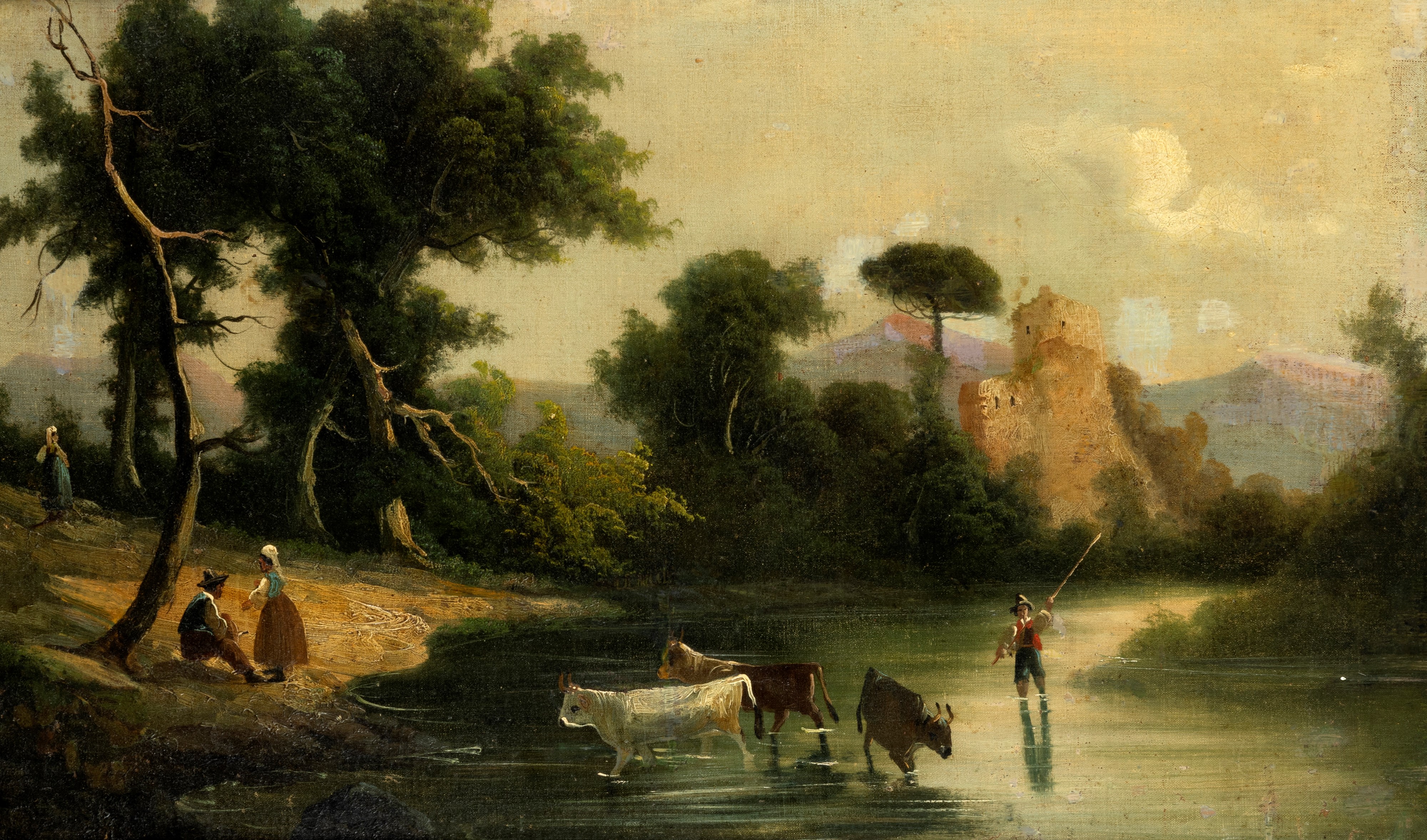 Scuola Italiana, Secolo XIX - Paesaggio Fluviale con Pastori e Armenti; Paesaggio Costiero con As...