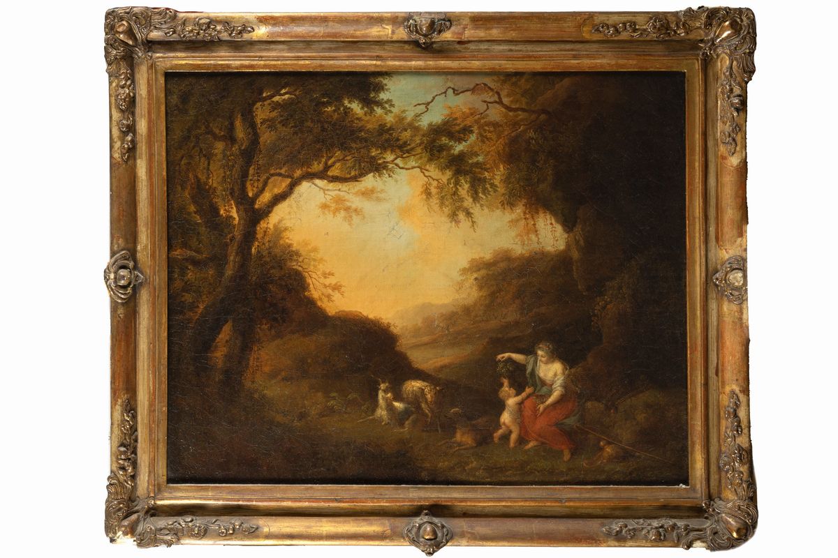 Scuola Francese, Secolo XVIII - Paesaggio con Scena Pastorale