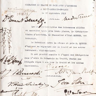 Trattato di Saint Germain en Laye, 10 settembre 1919, testo dattiloscritto in francese con firme