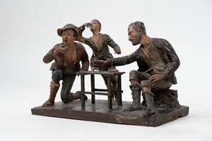 Lotto composto da tre figure in cartapesta, tela e legno di tiglio dipinto in un'unica composizione, raffigurante bevitori in osteria, Sicilia, secolo XVIII