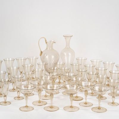 Servizio in Vetro di Murano Composto Da: una Caraffa, una Bottiglia e Quaranta Bicchieri, 1930/40