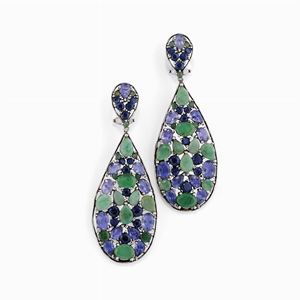 A silver, emerald, sapphire and stones earrings