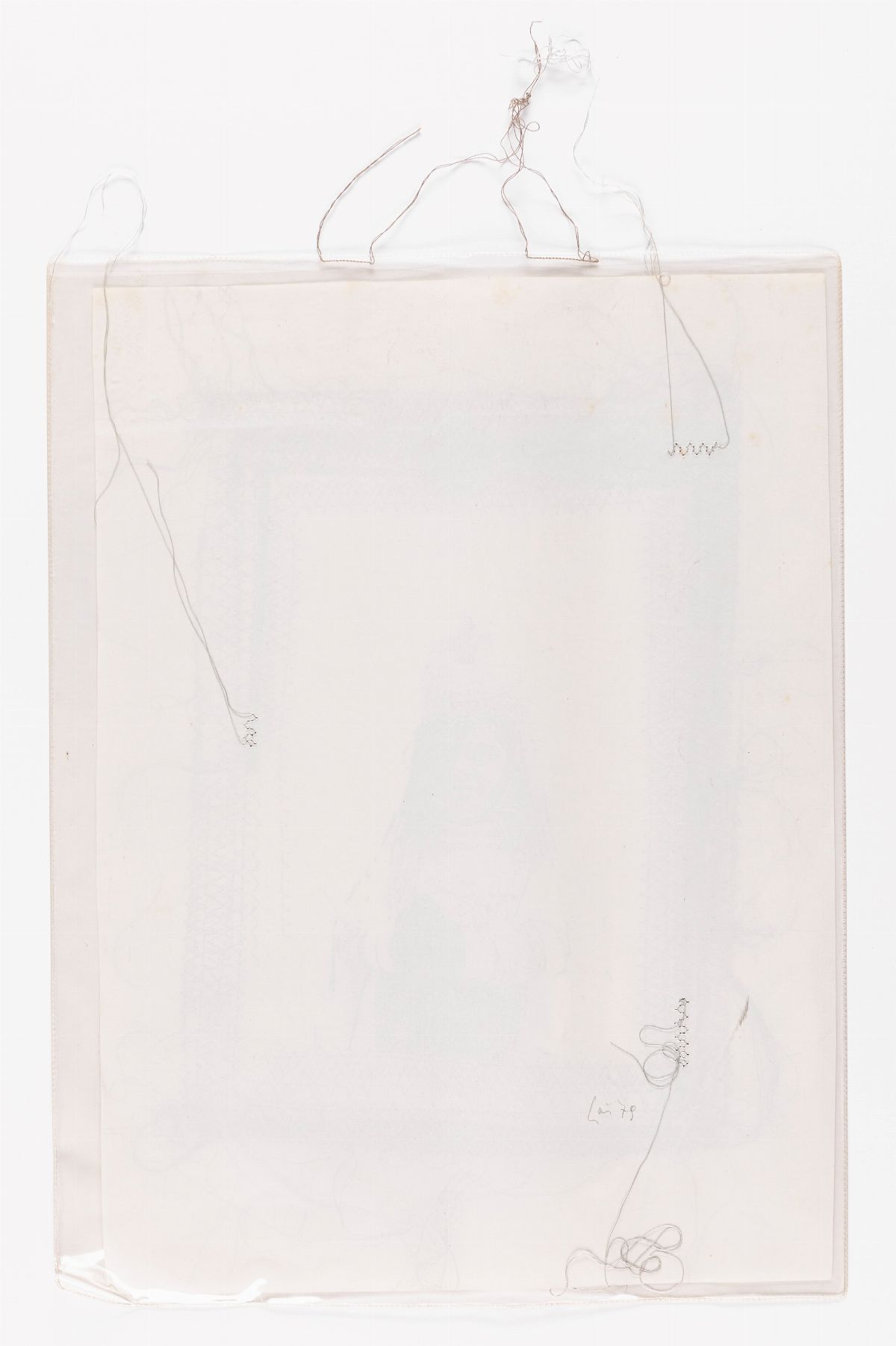 Maria Lai - Senza titolo (1979) - xerocopia, filo grigio, ricamo e plastica