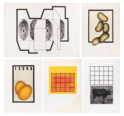 Lotto di 5 grafiche - Serigrafie e collage su carta, anni '70