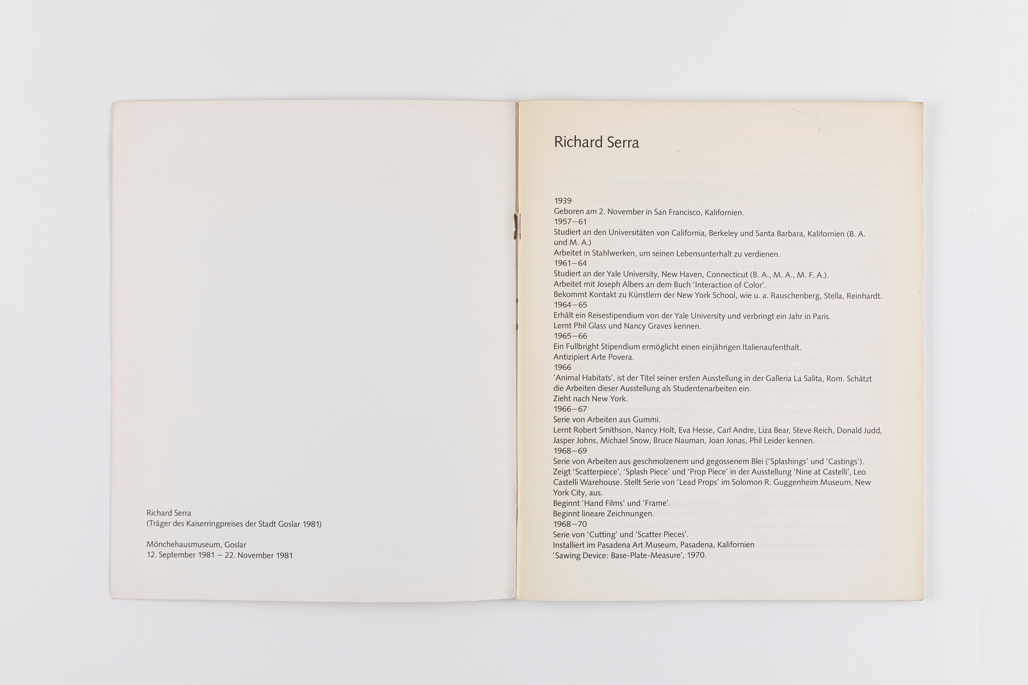 Richard Serra (rif.) - Catalogo della mostra presso Mönchehausmuseum, Goslar 1981