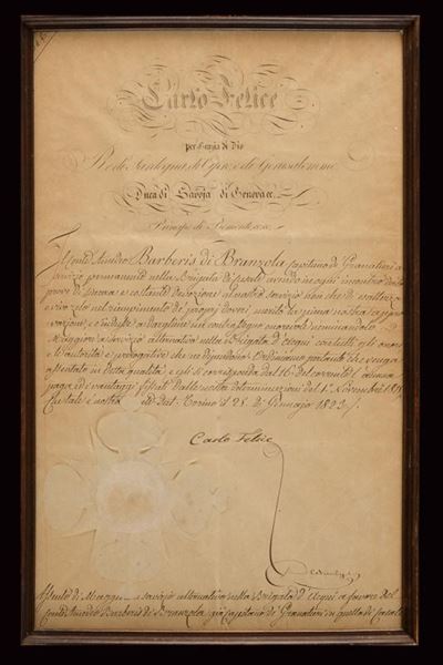 Decreto con Firma di Re Carlo Felice di Savoia