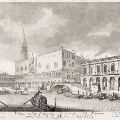 Veduta della Piazzetta sul Canale e delle Prigioni pubbliche di S. Marco di Venezia, acquaforte, ...