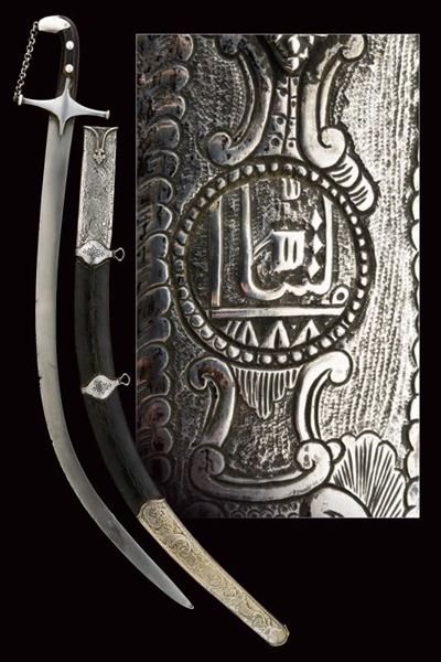 Shamshir turco, lama in damasco con fornimenti in argento, circa 1800