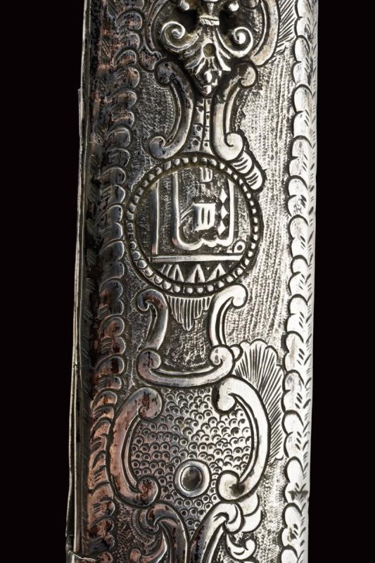 Shamshir turco, lama in damasco con fornimenti in argento, circa 1800