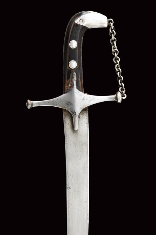 Shamshir turco, lama in damasco con fornimenti in argento, circa 1800