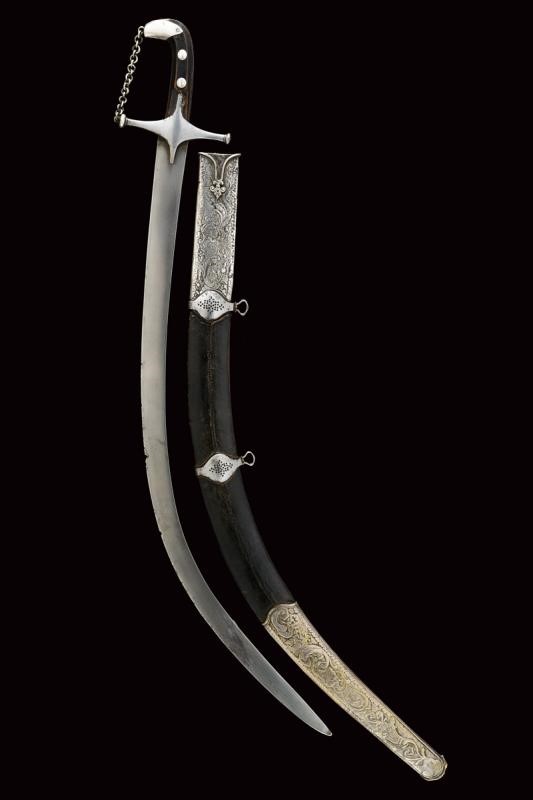 Shamshir turco, lama in damasco con fornimenti in argento, circa 1800