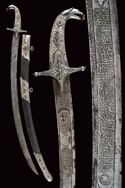 Sciabola persiana, lama in damasco e fornimenti in argento, Daghestan, 1875
